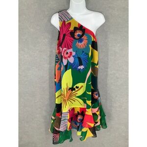 CeCe One Shoulder Floral Print Dress Multicolor Sz 12‎ Whimsical Festival Party